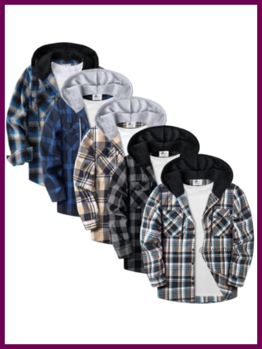 Men's Flannel Button Down Hooded Shirts 5 Pack Polyester Rayon Plaid Long Sleeve